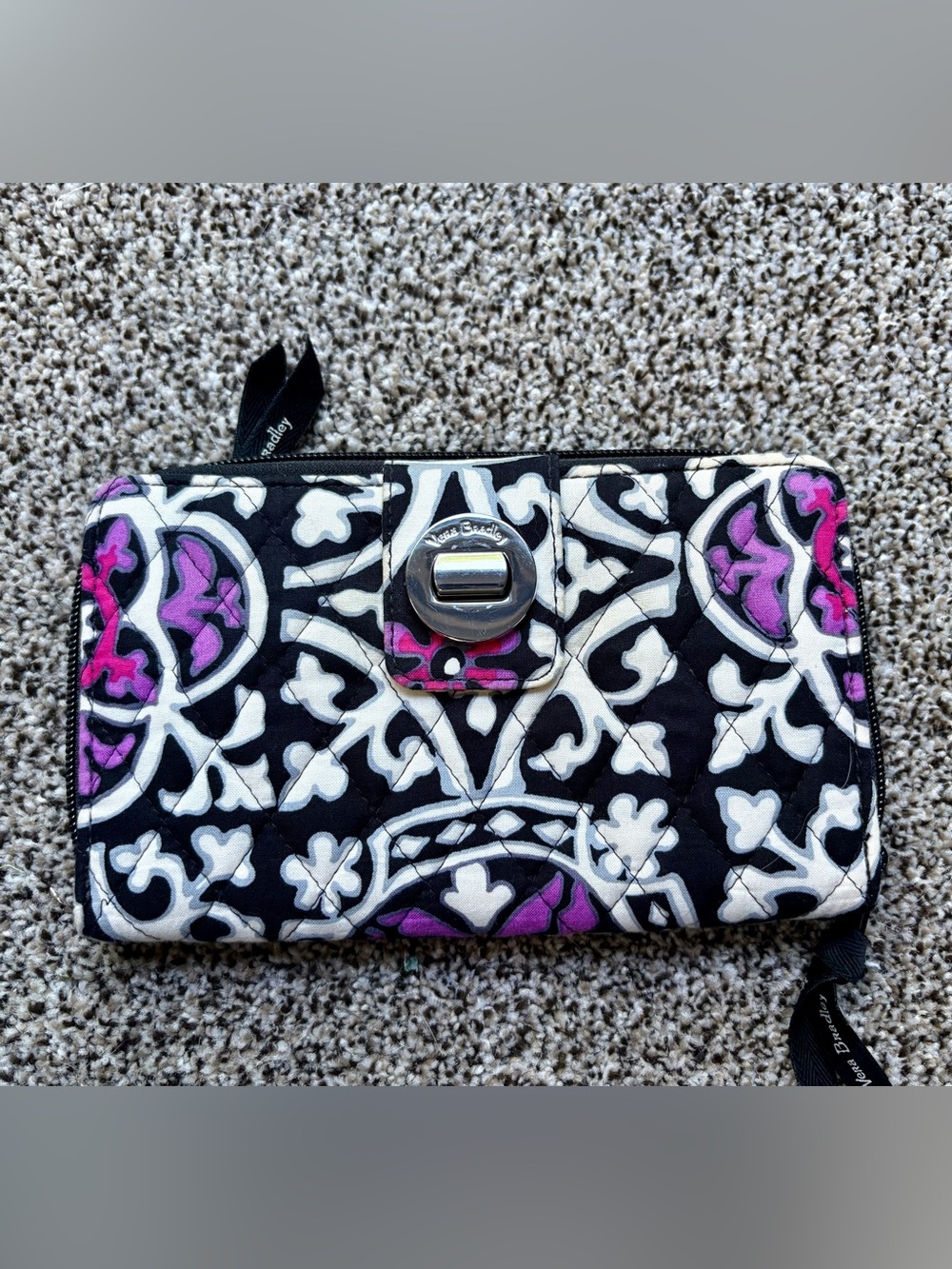 Vera Bradley Quilted Turn-Lock Wallet in Black White and Purple Accents
